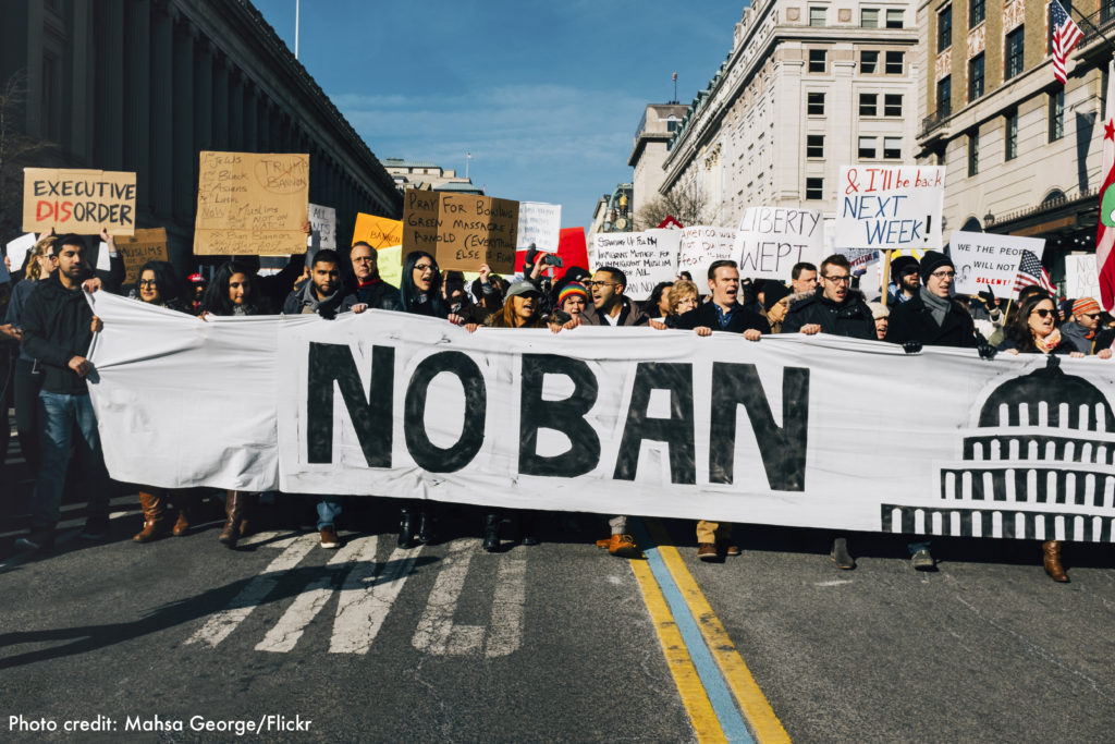 Protesters carrying, "No Ban" banner at No Muslim Ban march on the Capitol in Washington D.C. February 4, 2017