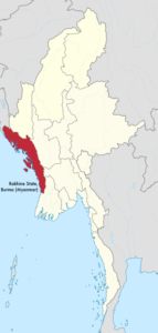 Map of Burma (Myanmar), Rakhine State highlighted in red.