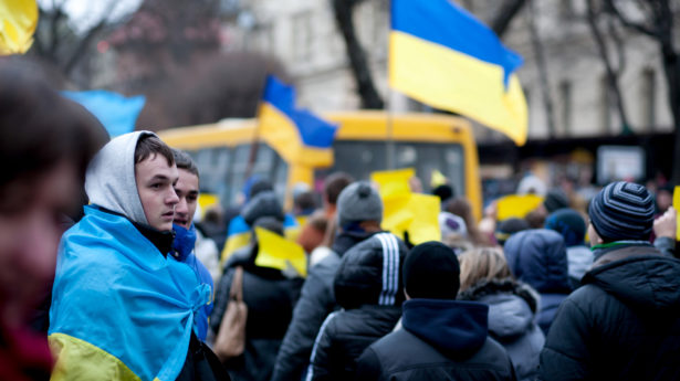 Ukrainian students attend a pro EU demonstration in Lviv’s city center on November 28, 2013.