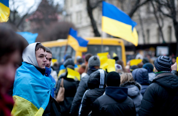 Ukrainian students attend a pro EU demonstration in Lviv’s city center on November 28, 2013.