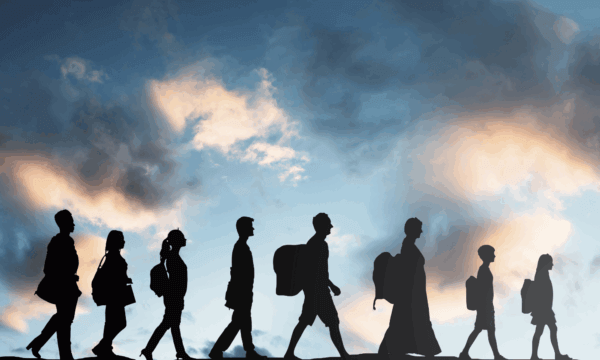 ilhouette Of Refugees People With Luggage Walking In A Row