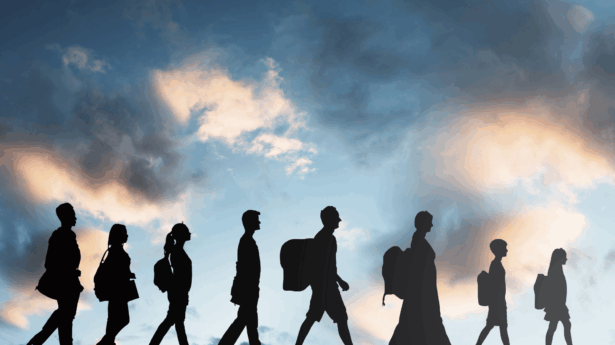 ilhouette Of Refugees People With Luggage Walking In A Row