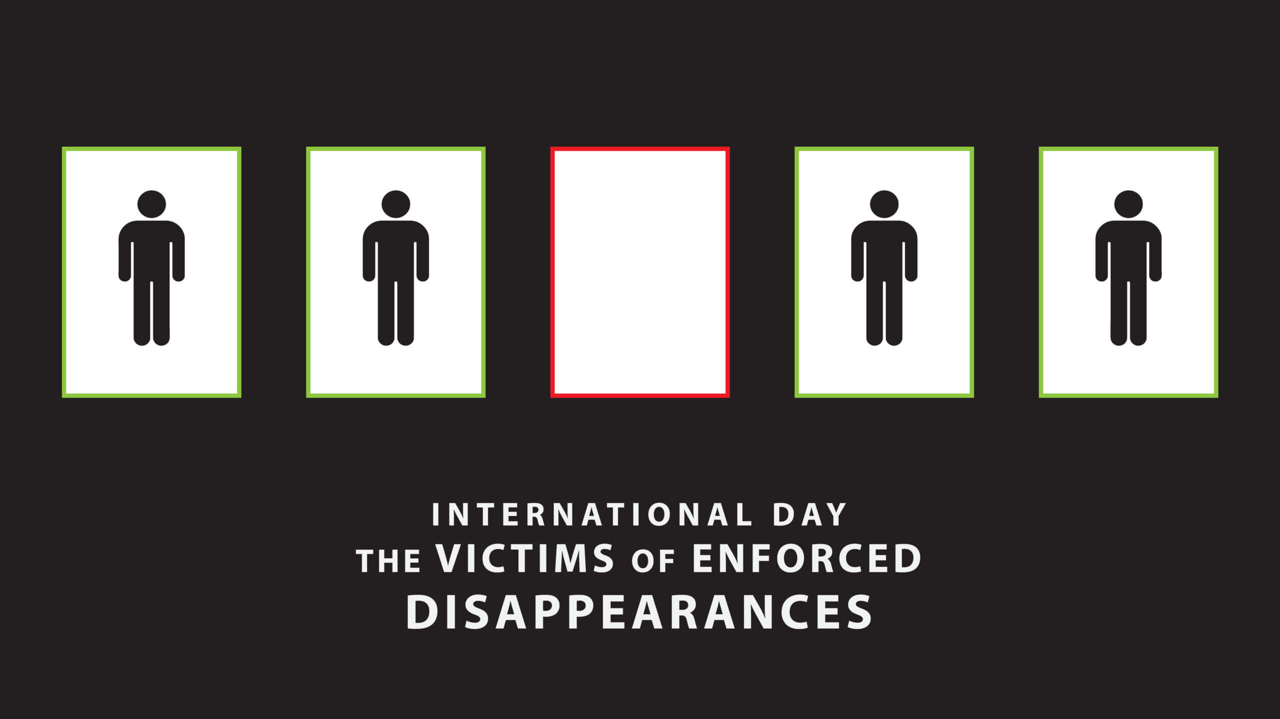 A group of people standing in boxes above "International Day of the Victims of Enforced Disappearances"
