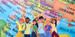 Map of Eastern Europe overlaid with a group of people coming together