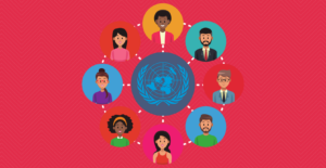The UN logo surrounded by a diversity of faces