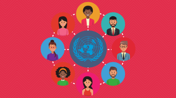 The UN logo surrounded by a diversity of faces