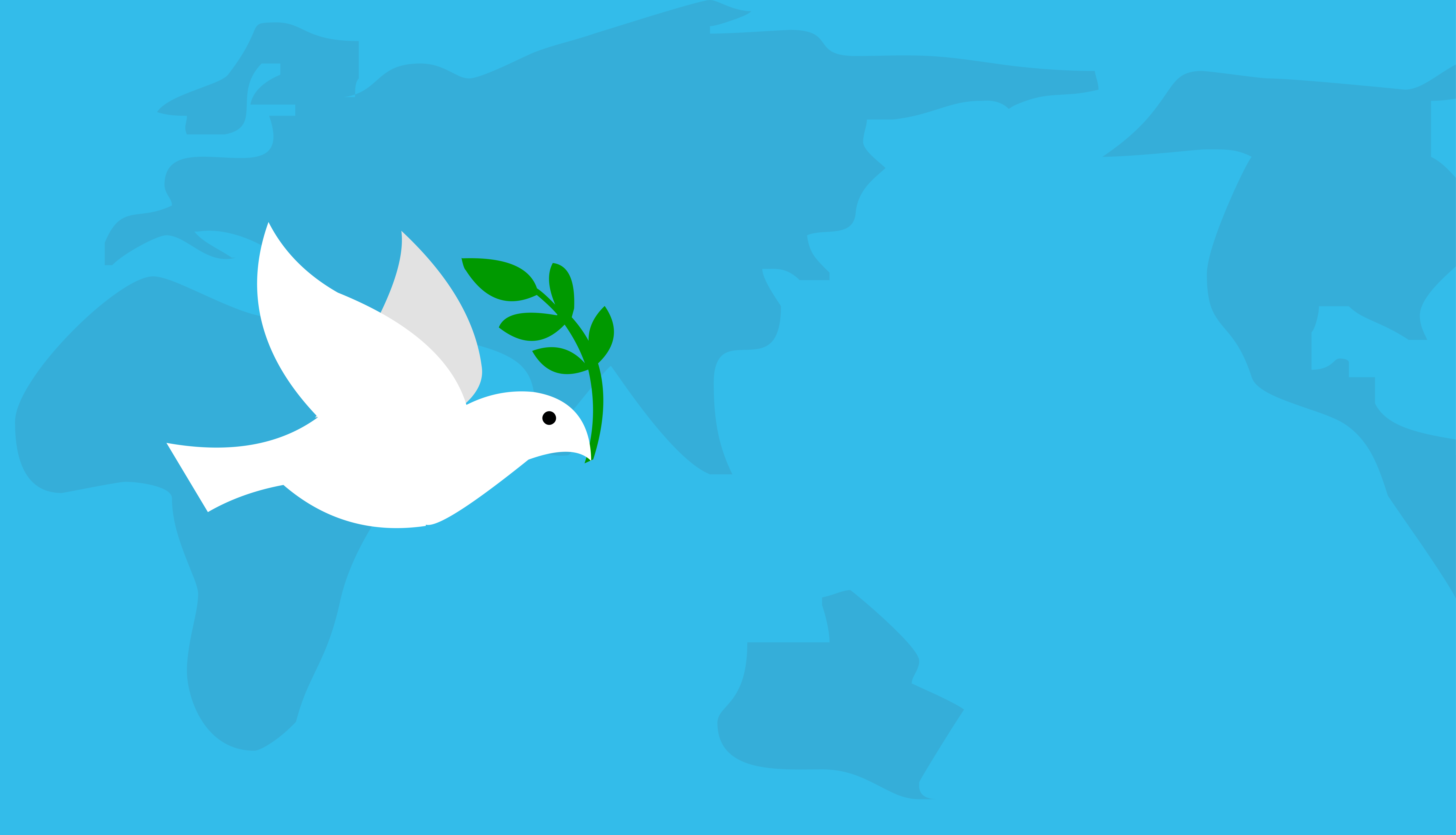 A dove carrying a branch in its beak flying over a map of the world