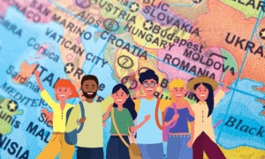 Map of Eastern Europe overlaid with a group of people coming together