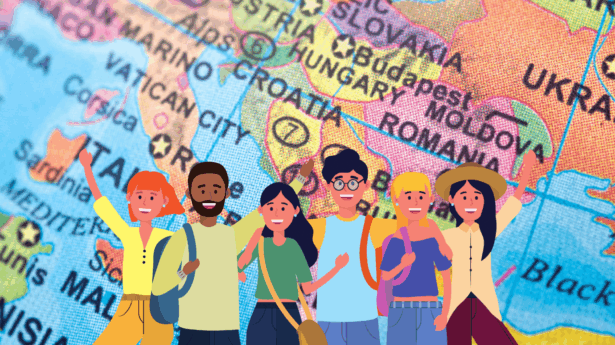 Map of Eastern Europe overlaid with a group of people coming together