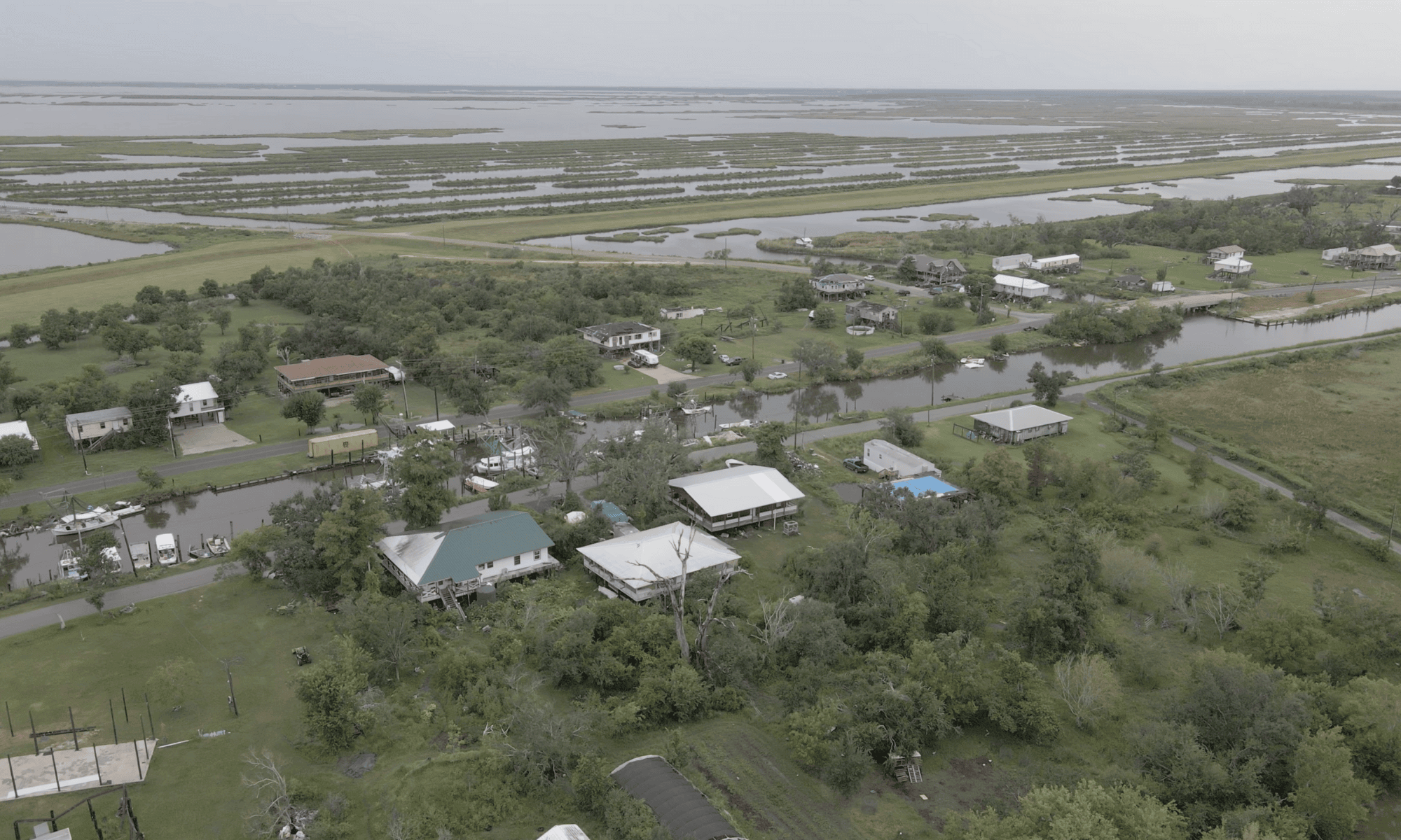 A drone shot of a southern Louisiana community