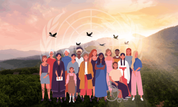 Diverse people standing in front of UN logo and environment background