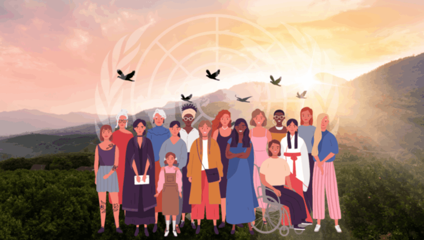 Diverse people standing in front of UN logo and environment background