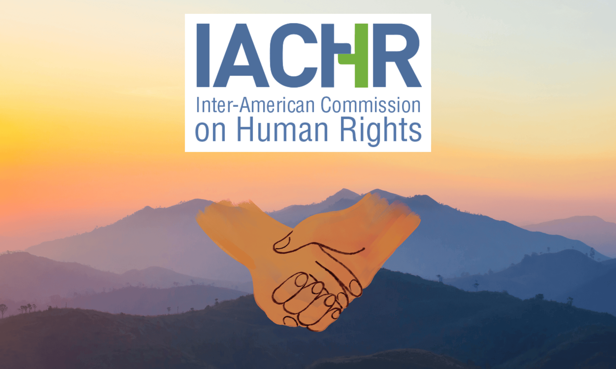 Logo of Inter-American Commission on Human Rights with an image of holding hands and mountain sunset background