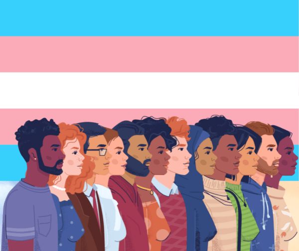 A group of people standing in front of the trans flag