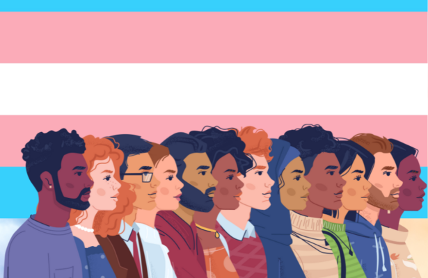 A group of people standing in front of the trans flag