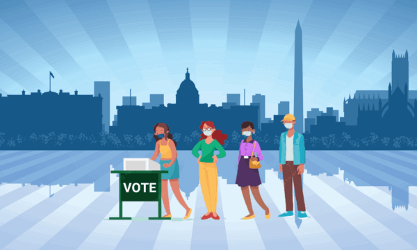 People of diverse demographics waiting in line to vote with a backdrop of nation's capitol