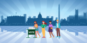 People of diverse demographics waiting in line to vote with a backdrop of nation's capitol