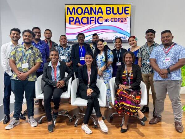 Group snapshot at the Moana Pacific Blue Pavilion at #COP27 with Pacific Island Climate Action Network