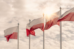 poland flags sunset
