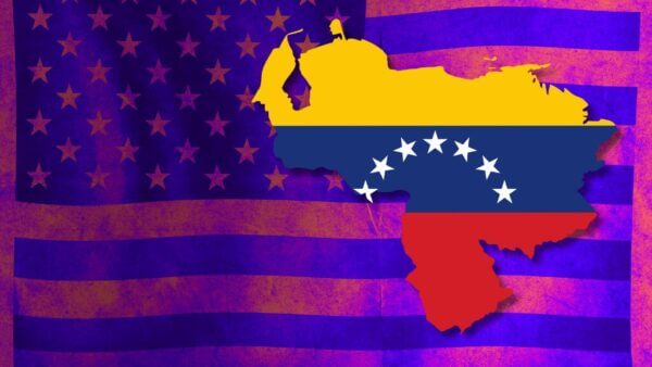 Venezuela country outline with the flag as main designed with an American flag in backdrop